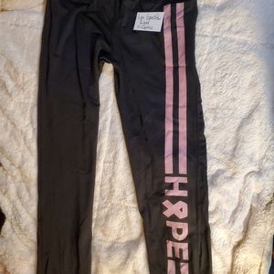 live breathe fight black yoga pants with pink lettering on leg "hope" xlarge